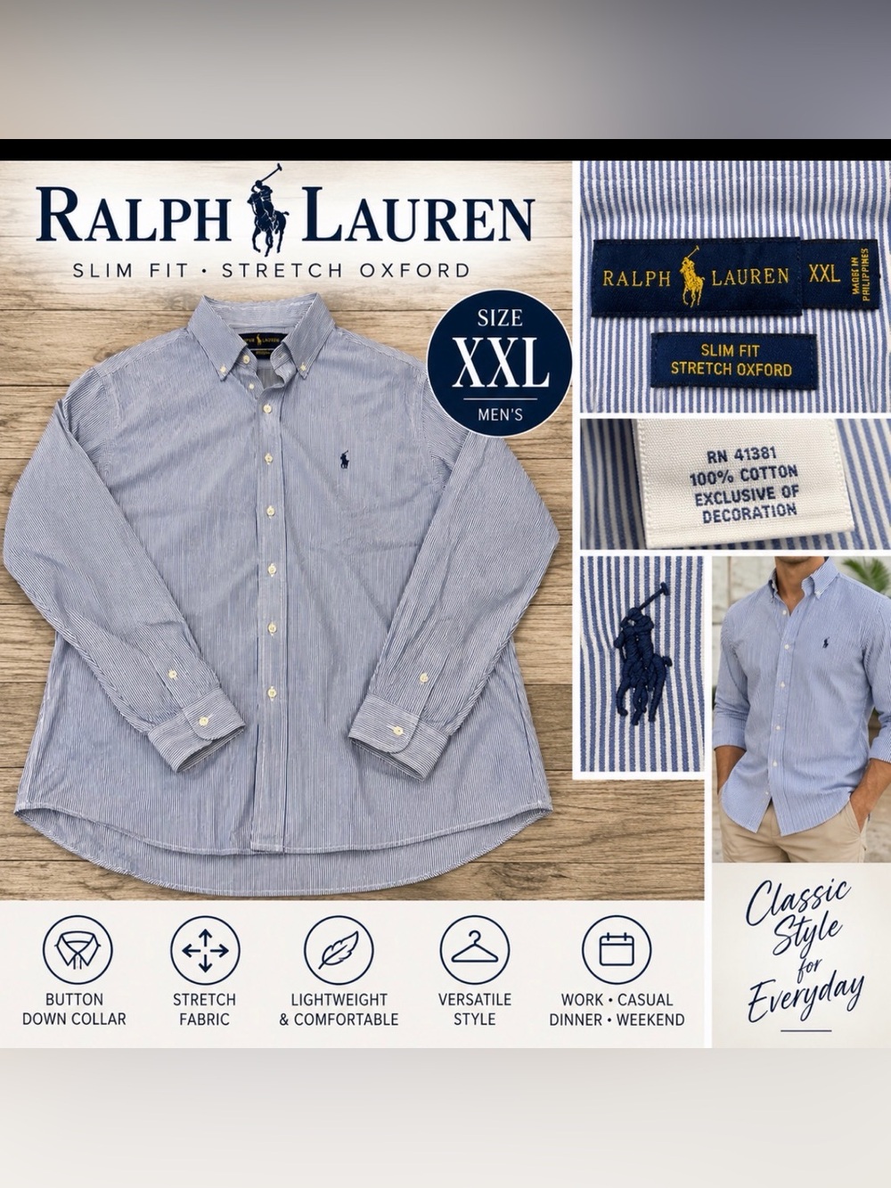 Polo Ralph Lauren Men’s Blue White Striped Oxford Shirt XXL